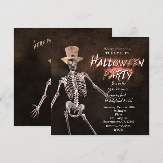 Cartes d'invitation de fête d'Halloween de squelet (Devant / Derrière)