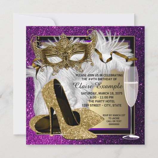 Cartes d'invitation de fête masquée violette pour (Devant)
