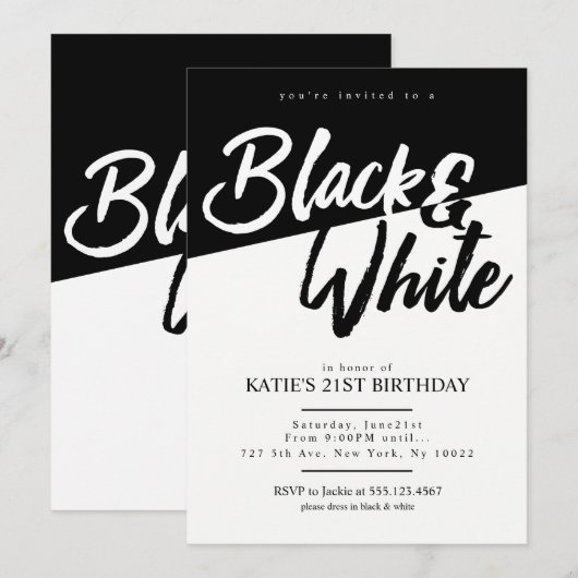 Cartes d'invitation de fête noir et blanc de style (Devant / Derrière)
