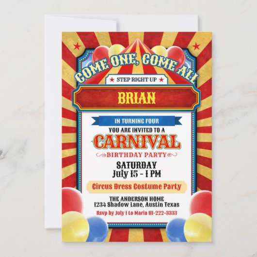 Cartes d'invitation de fête sur le thème du cirque (Devant)