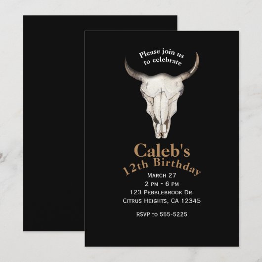 Cartes d'invitation de fête vache taureau bohémien (Devant / Derrière)