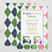Cartes d'invitation de golf à carreaux Navy & Rose (Devant / Derrière)