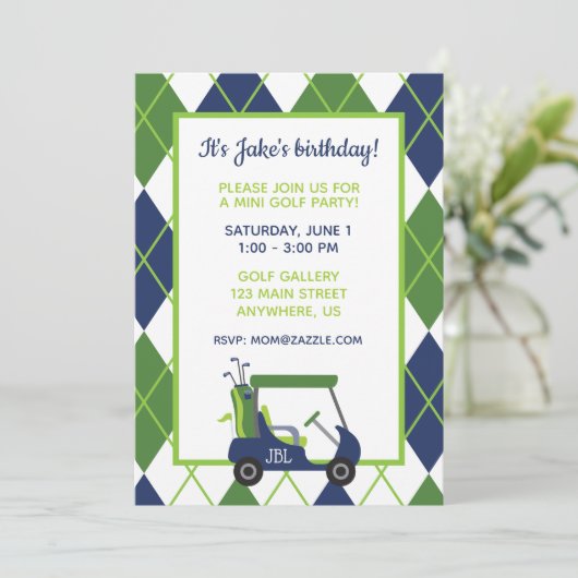 Cartes d'invitation de golf Navy & Green Argyle (Debout devant)