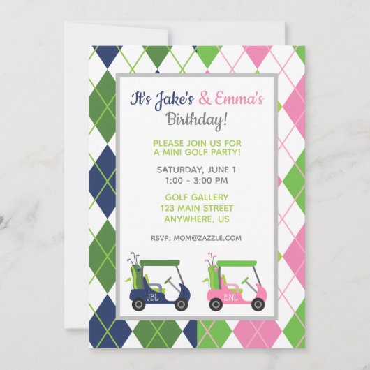 Cartes d'invitation de golf Navy & Pink Split Argy (Devant)