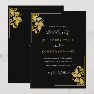 Cartes d'invitation de mariage à cadre floral doré