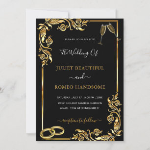 Cartes d'invitation de mariage à cadre floral doré