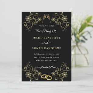 Cartes d'invitation de mariage à cadre floral doré