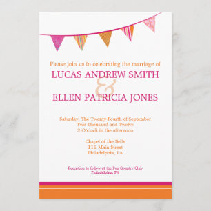 Cartes d'invitation de mariage à fanions - Rose et