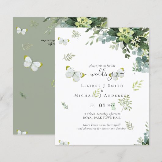 Cartes d'invitation de mariage à feuillage vert él (Devant / Derrière)