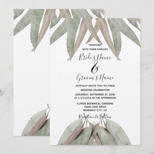 Cartes d'invitation de mariage à la feuille d'euca (Devant / Derrière)