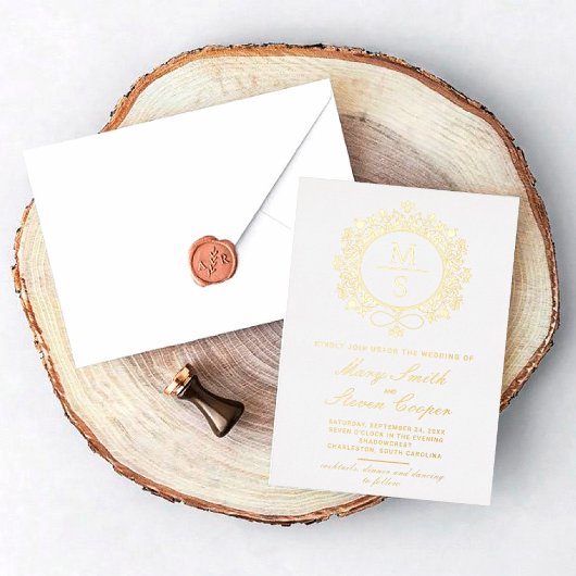 Cartes d'invitation de mariage à monogramme doré