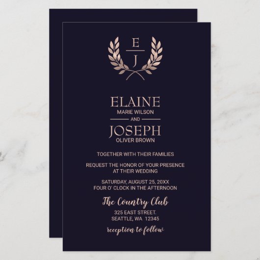 Cartes d'invitation de mariage à monogramme en ros (Devant / Derrière)