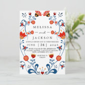 Cartes d'invitation de mariage Art populaire bleu (Debout devant)