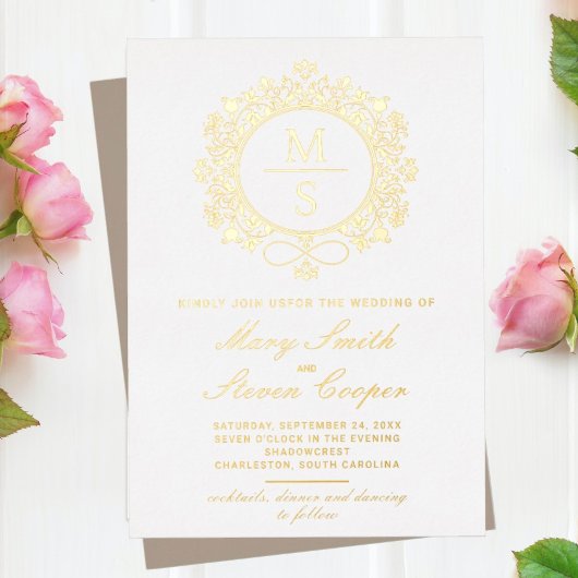 Cartes d'invitation de mariage au monogramme doré