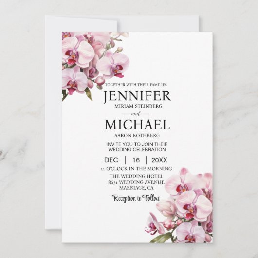 Cartes d'invitation de mariage aux orchidées roses (Devant)