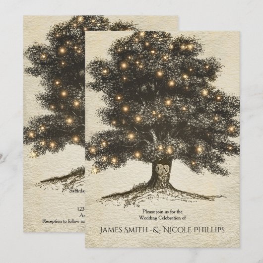 Cartes d'invitation de mariage avec arbre et lumiè (Devant / Derrière)