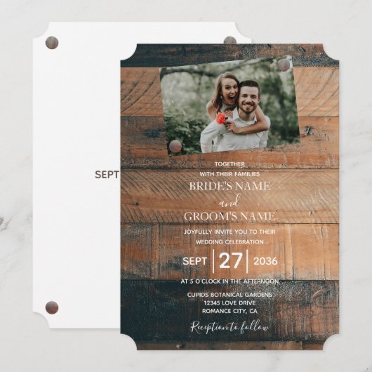 Cartes d'invitation de mariage avec photo en bois (Devant / Derrière)