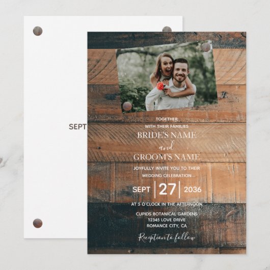 Cartes d'invitation de mariage avec photo en bois  (Devant / Derrière)