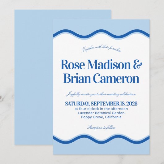 Cartes d'invitation de mariage Blue Wavy Cabana (Devant / Derrière)