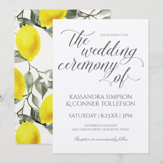 Cartes d'invitation de mariage Branche de Citron | (Devant / Derrière)