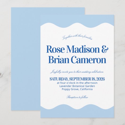 Cartes d'invitation de mariage Cabane Bleue Ondulé (Devant / Derrière)