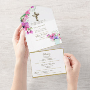 Cartes d'invitation de mariage catholique 3en1 Flo
