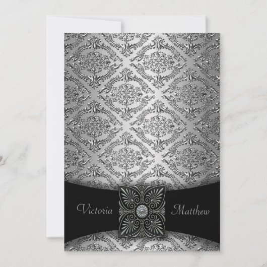 Cartes d'invitation de mariage damassé argent et n (Devant)