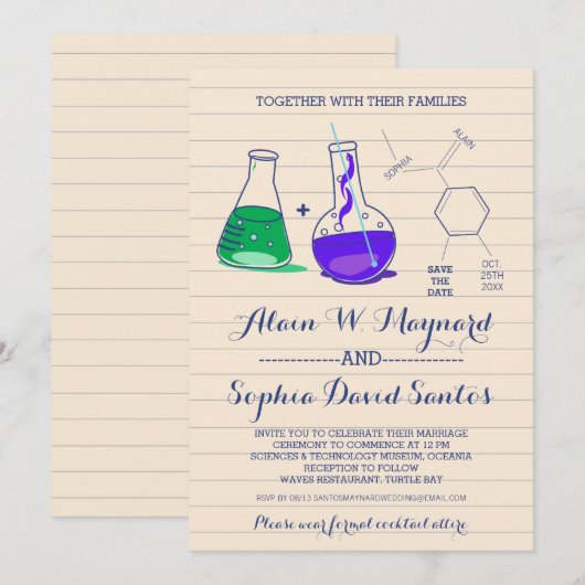 Cartes d'invitation de mariage de chimie violette  (Devant / Derrière)