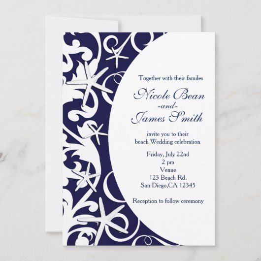 Cartes d'invitation de mariage de plage bleu foncé (Devant)