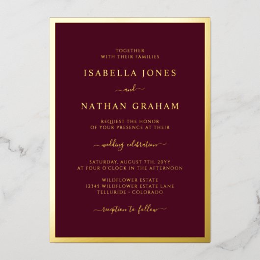 Cartes d'invitation de mariage en feuille d'or de (Recto)