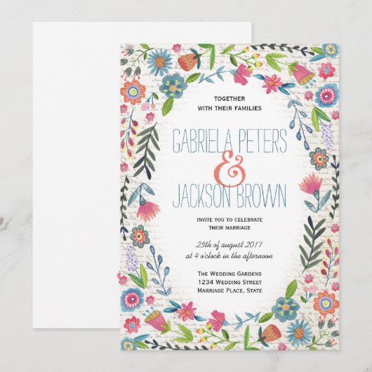 Cartes d'invitation de mariage | Fleurs aquarelles (Devant / Derrière)