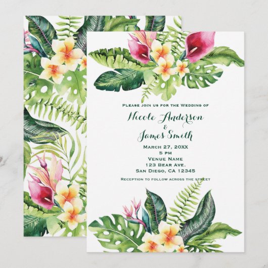 Cartes d'invitation de mariage floral à feuilles d (Devant / Derrière)