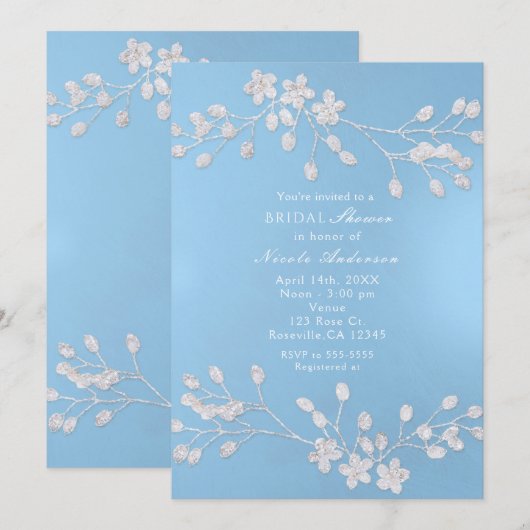 Cartes d'invitation de mariage floral blanc bleu (Devant / Derrière)