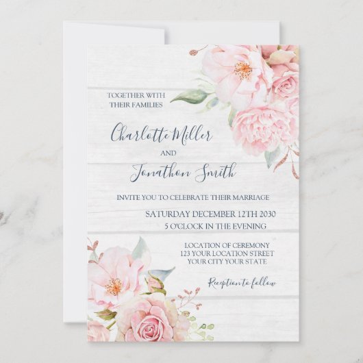 Cartes d'invitation de mariage florales rose rusti (Devant)