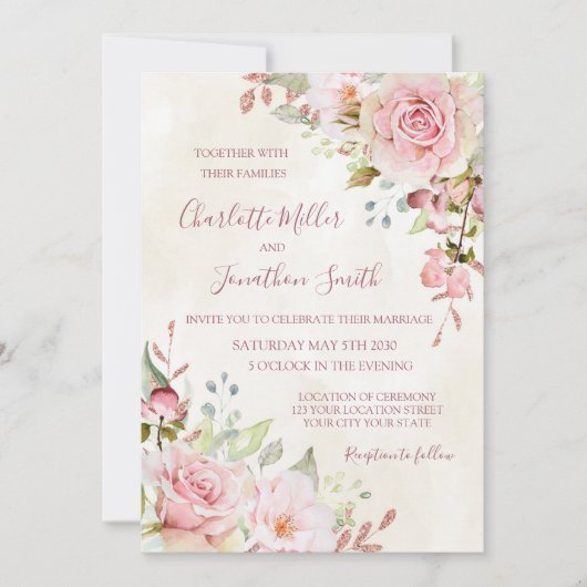Cartes d'invitation de mariage florales roses vint (Devant)