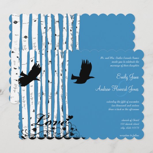 Cartes d'invitation de mariage forêt oiseau d'amou (Devant / Derrière)