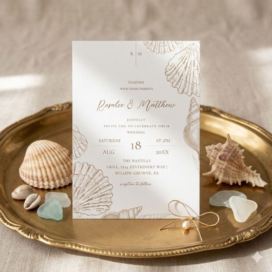 Cartes d'invitation de mariage Gold Shells & White