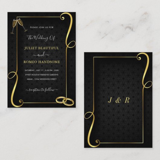 Cartes d'invitation de mariage modèle cadre or noi (Devant / Derrière)