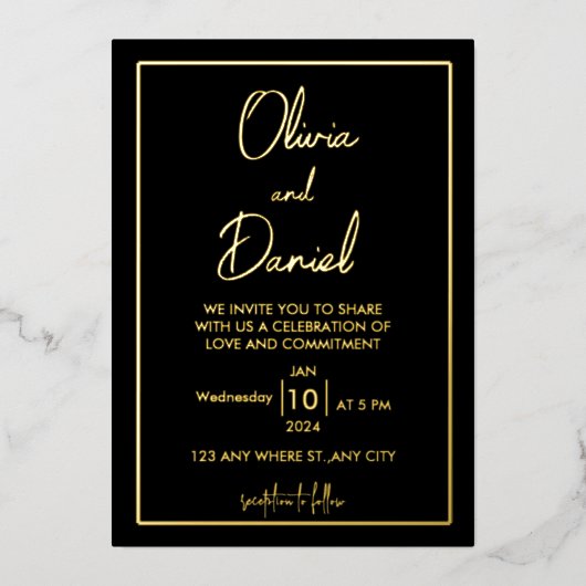 Cartes d'invitation de mariage noir et or (Recto)
