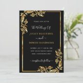 Cartes d'invitation de mariage noires à cadres dor (Debout devant)