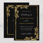 Cartes d'invitation de mariage noires à cadres dor (Devant / Derrière)