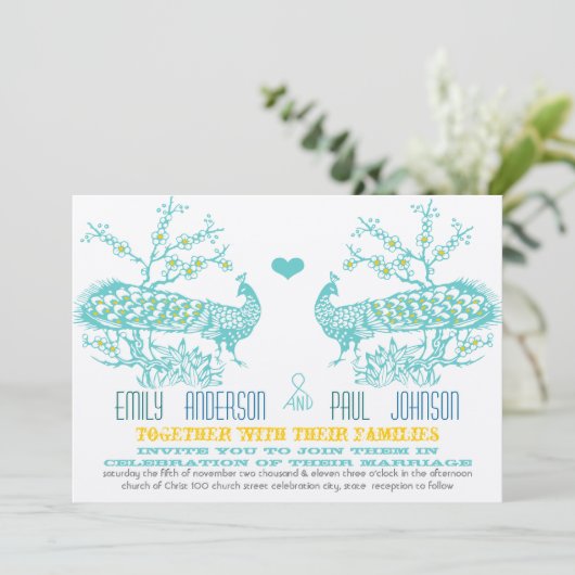 Cartes d'invitation de mariage Paon Aqua et Jaune  (Debout devant)