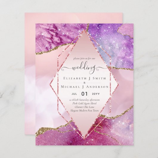 Cartes d'invitation de mariage Pink AGATE scintill (Devant / Derrière)