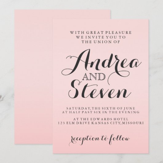 Cartes d'invitation de mariage rose blush moderne (Devant / Derrière)