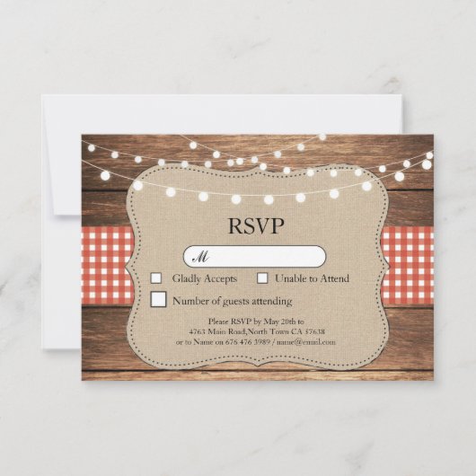 Cartes d'invitation de mariage RSVP en bois rouge  (Devant)