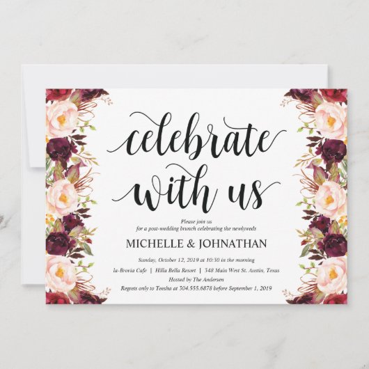 Cartes d'invitation de mariage rustique bordeaux (Devant)