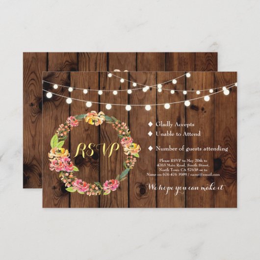 Cartes d'invitation de mariage rustique en bois fl (Devant / Derrière)