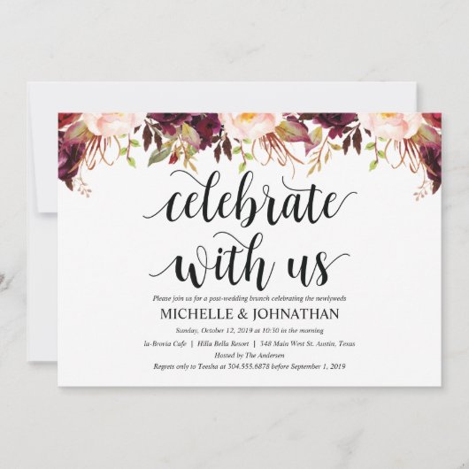 Cartes d'invitation de mariage rustiques bordeaux (Devant)