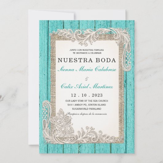 Cartes d'Invitation de Mariage Rustiques Turquoise (Devant)