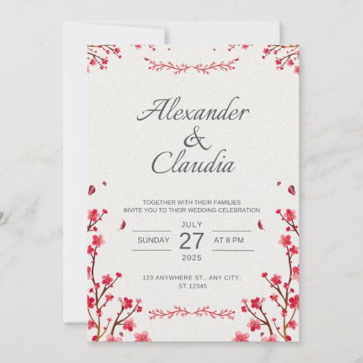 Cartes d'invitation de mariage style fleurs japona (Devant)